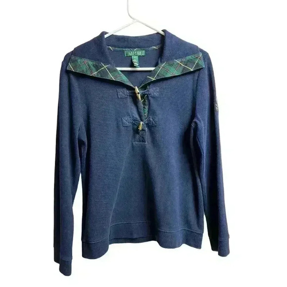 Lauren Ralph Lauren Embroidered Logo Plaid Collared Gold Buttons Sweater Navy - Picture 1 of 11